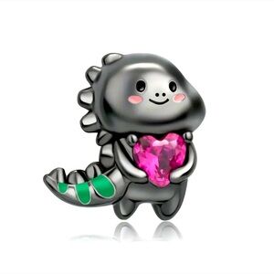 S925 Adorable Black Dinosaur Holding Heart Bead Charm - Pandora Style